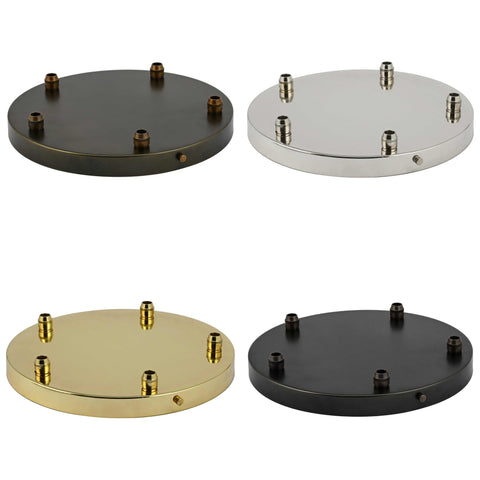 Four metal ceiling rose mounts for Camber Small Smoked Glass Shade Cluster Pendant Light in bronze, silver, gold, and black finishes.