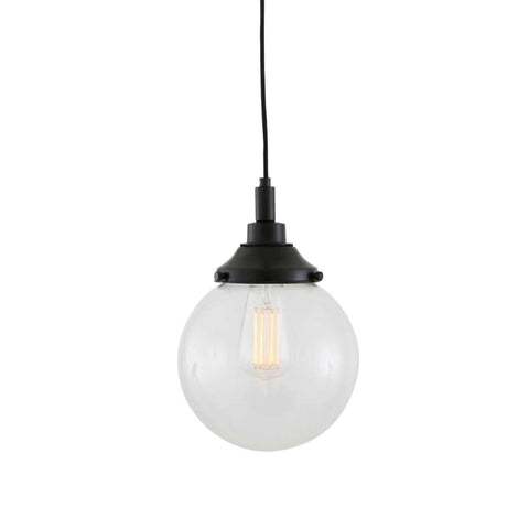 Laguna Bathroom Pendant light with clear glass globe and black fixture hanging on cord