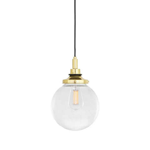 Laguna Bathroom Pendant light with clear glass globe and gold metal fitting hanging from black cord