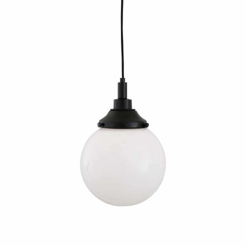 Laguna Bathroom Pendant light with elegant white glass globe and black fixture, 20cm diameter, ideal for bathrooms and modern interiors