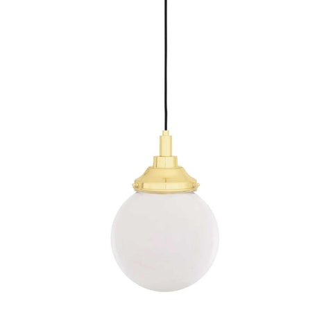 Laguna Bathroom Pendant light with glass globe shade and gold fixture hanging from black cord