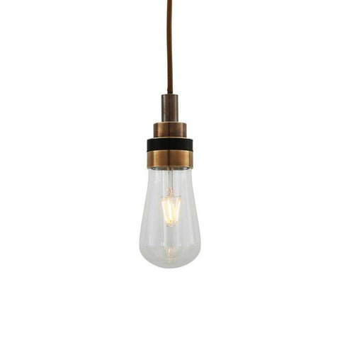 Bo Bathroom Pendant Light with clear teardrop glass shade and bronze metal fixture, water-resistant and suitable for bathrooms and outdoor spaces.