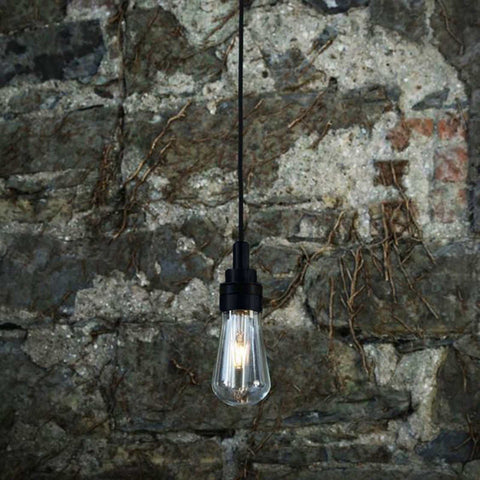 Bo Bathroom Pendant Light with clear teardrop glass shade and black fixture, ideal for bathroom and outdoor water-resistant lighting.