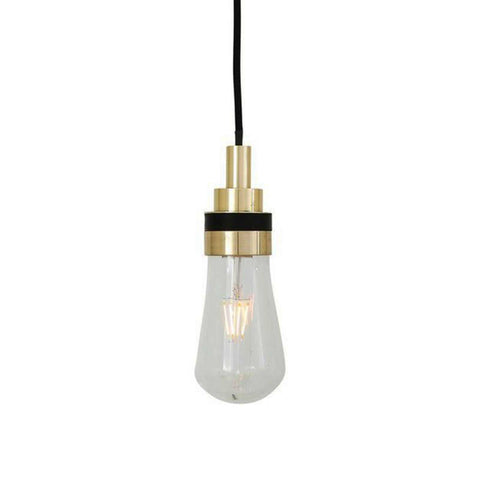 Bo Bathroom Pendant Light with teardrop-shaped clear glass shade and gold-tone fixture, IP65 water-resistant for bathrooms and outdoor spaces.