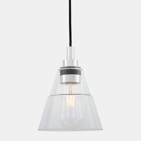 Bo Bathroom Pendant Light with clear glass teardrop shade, silver fitting, and black cord, ideal for bathrooms and moisture-prone spaces