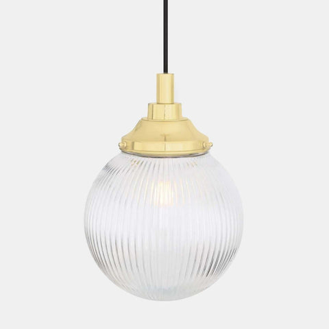 Laguna Bathroom Pendant light with ribbed glass globe and brass fitting suspended by black cord