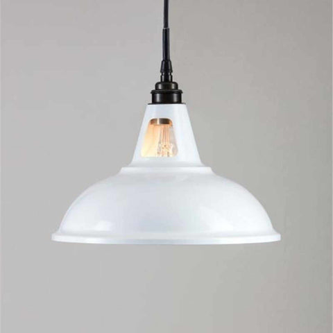 Tilbury Bathroom Factory Pendant Light with industrial white shade and black cord hanging against gray background