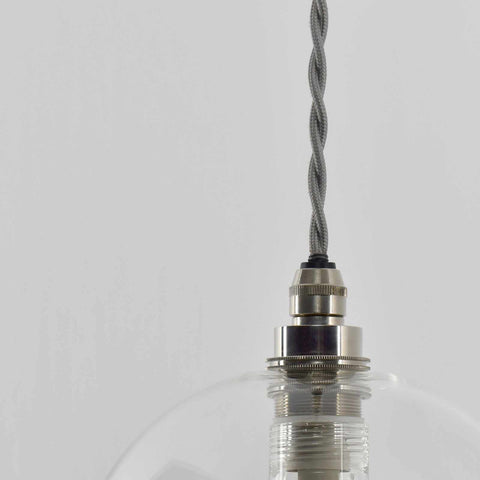 Bathroom pendant light with clear glass shade and adjustable twisted cord suspension