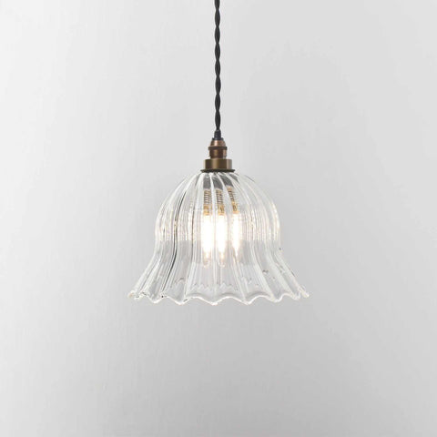 Bodium Bathroom Ribbed Glass Pendant Light with adjustable flex, handcrafted ribbed glass shade, and IP44 rating for bathroom use