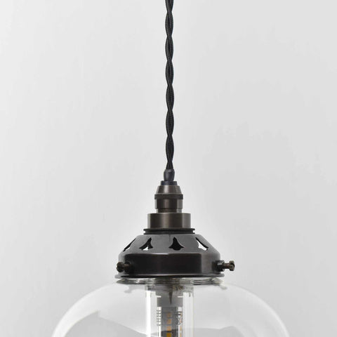 Hythe small clear glass shade pendant light with adjustable black braided cord and metal fixture