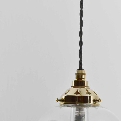 Hythe small clear glass shade pendant light with brass finish and twisted cord