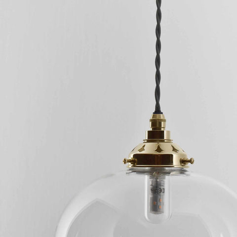 Hythe Medium Clear Glass Shade pendant light with brass fitting and adjustable twisted cord