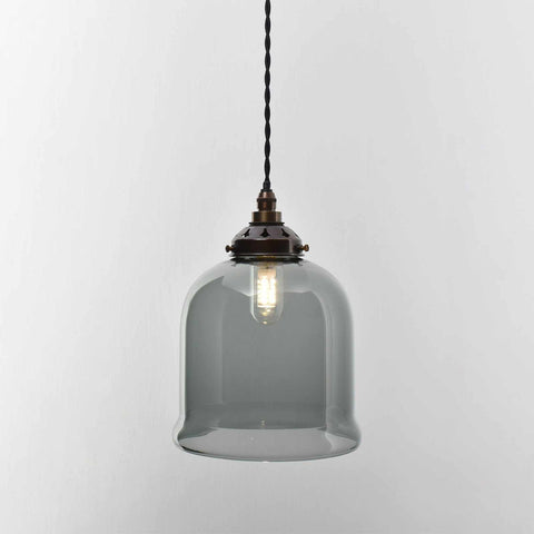 Hythe Small Smoked Glass Shade pendant light with hand-blown curved glass and vintage bulb