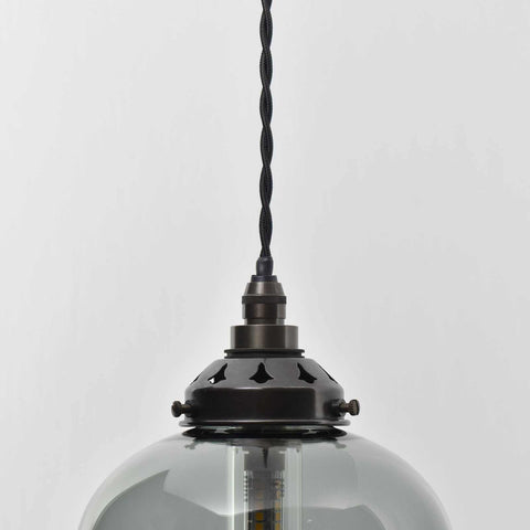 Hythe Small Smoked Glass Shade handcrafted pendant light with adjustable black twisted cord and vintage-style bulb holder