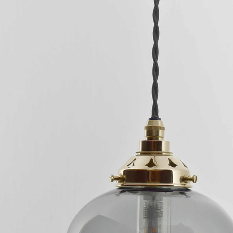 Hythe Small Smoked Glass Shade pendant light with hand-blown curved glass and brass fittings, ideal for bathroom and kitchen lighting
