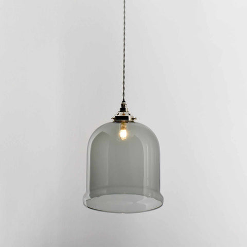 Hythe Medium Smoked Glass Shade pendant light with hand-blown curved glass and adjustable flex length hanging from ceiling