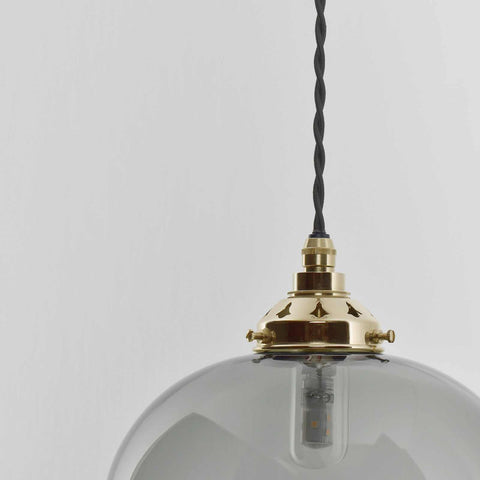 Hythe Medium Smoked Glass Shade pendant light with brass fittings and adjustable black twisted cord