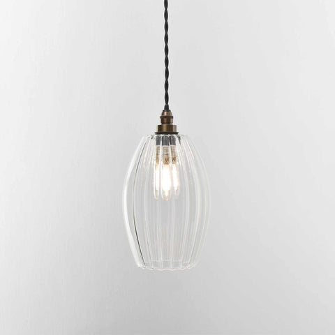 Camber small ribbed glass shade bathroom pendant light with clear ribbed glass and black twisted cord