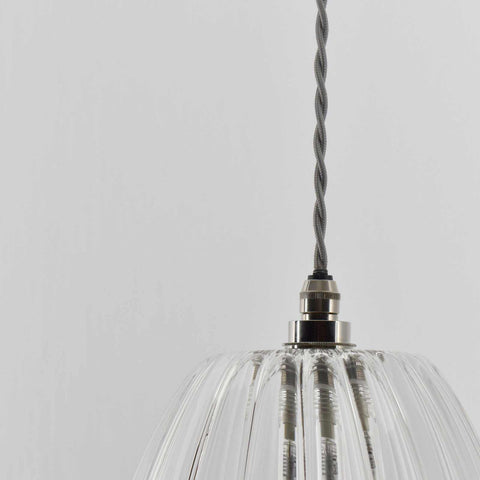 Camber large ribbed glass pendant light with twisted cord and metallic fitting for bathroom lighting