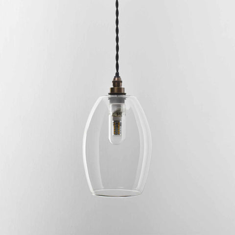 Camber small clear glass shade bathroom pendant light with twisted black cord and bronze fitting