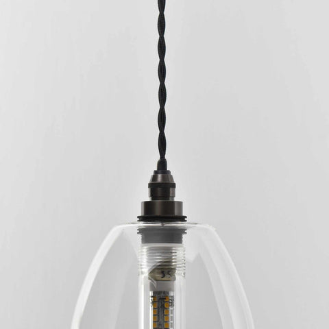 Camber Small Clear Glass Shade bathroom pendant light with black twisted cord and clear cylindrical bulb holder