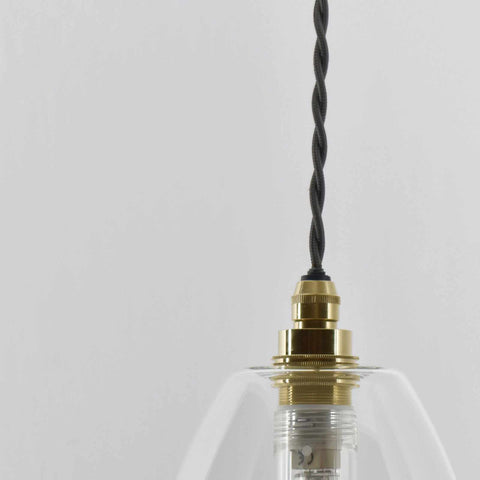Camber small clear glass shade bathroom pendant light with brass fitting and twisted black cord