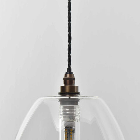 Camber large clear glass shade bathroom pendant light with adjustable black flex and bronze fitting