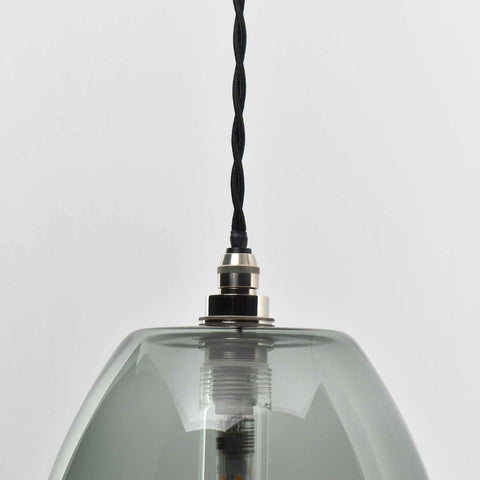 Camber large smoked glass shade pendant light with adjustable black braided cord and brushed metal fitting
