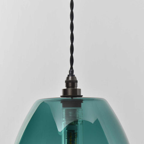 Camber large bathroom pendant light with hand-blown teal glass shade and adjustable black twisted cord