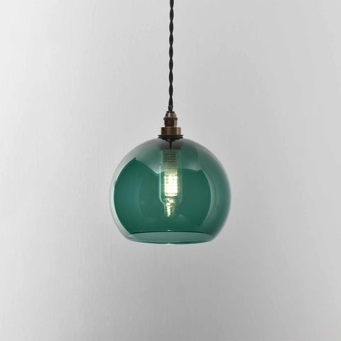 Soho small teal glass pendant light with round shade and vintage bulb hanging against white background