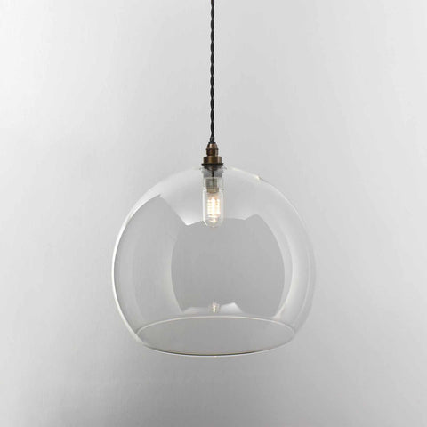 Soho Extra Large clear glass shade pendant light with exposed bulb and twisted black cord for bathroom lighting