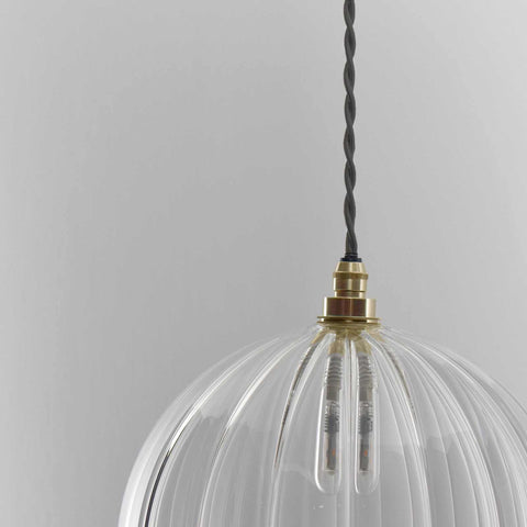 Soho Large Ribbed Glass Shade pendant light with clear handblown ribbed glass and brass fitting suspended from twisted cord