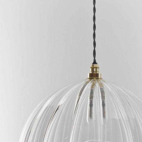 Soho extra large ribbed clear glass shade bathroom pendant light with brass fitting and twisted black cord