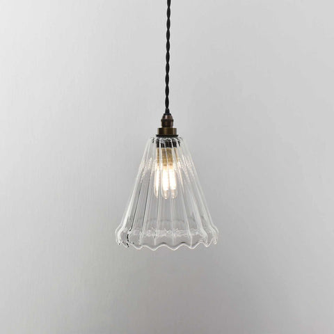 Rye small ribbed glass bathroom pendant light with handcrafted ribbed shade and vintage style