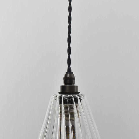 Rye Small Ribbed Glass bathroom pendant light with handcrafted ribbed glass shade and black fixture
