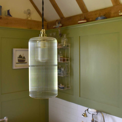 Brook Small Ribbed Glass Shade pendant light with handblown cylindrical ribbed glass, elegant bathroom illumination.