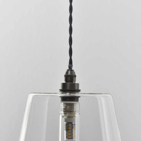 Newbury Large Clear Glass Shade pendant light with tapered design and black twisted cord for bathroom lighting
