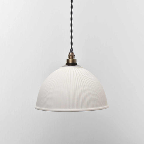 Denton Medium Ribbed ceramic shade bathroom pendant light with white ribbed texture and black twisted cord suspension