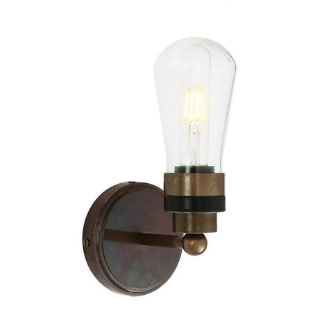 Iden Bathroom Wall Light with industrial style, reversed teardrop clear glass shade, and warm LED illumination, waterproof and suitable for indoor and outdoor use