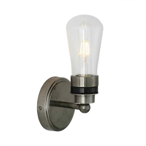 Iden Bathroom Wall Light with industrial metal base and clear teardrop glass shade, dimmable LED, water-resistant for indoor and outdoor use