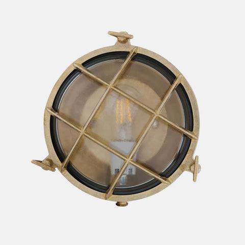 Wessex Bulkhead Wall Light in satin brass with nautical design and protective metal grid, suitable for indoor and outdoor use.
