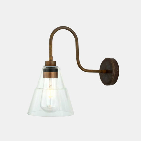 Kairi Bathroom Wall Light with swan neck design, clear glass shade, and antique bronze finish, ideal for indoor and outdoor use.