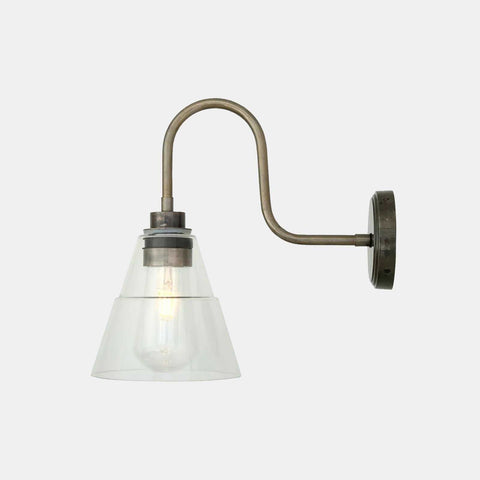 Kairi Bathroom Wall Light with swan neck design and clear glass shade, water-resistant and modern style