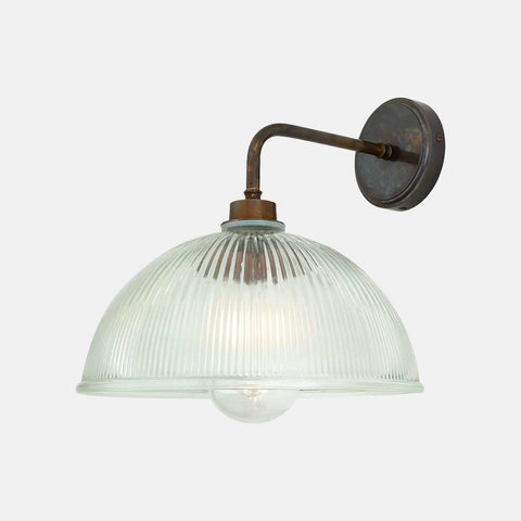 Maris Bathroom Wall Light with straight arm and prismatic glass shade, rustic metal finish, waterproof IP65 rated fixture for stylish bathroom or outdoor lighting
