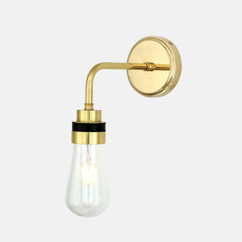 Bo Bathroom Wall light with brass finish and clear teardrop glass shade, industrial-style dimmable wall sconce