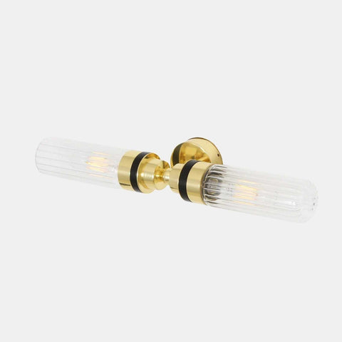 Severn Bathroom Double Wall Light with vintage-inspired brass finish and clear ribbed glass shades for modern and traditional bathrooms.