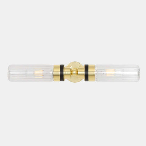 Severn Bathroom Double Wall Light with brass finish and clear ribbed glass shades, sleek double light fixture for bathroom mirror lighting