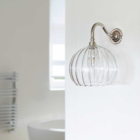 Soho medium ribbed glass shade bathroom wall light with clear handblown ribbed glass and polished metal fixture