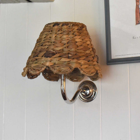 Natural seagrass shade bathroom wall light with handcrafted woven lampshade and polished metal swan neck fitting