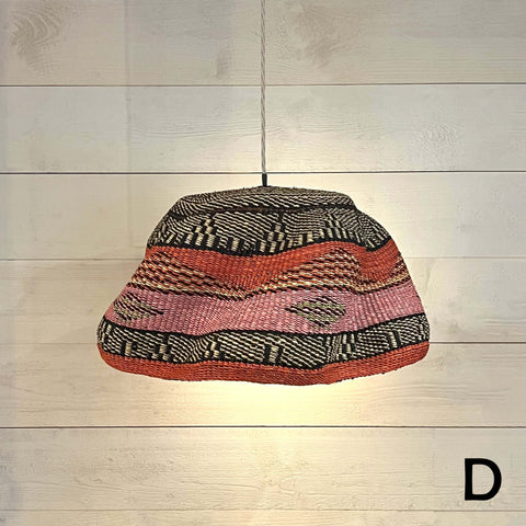 Woven colourful basket pendant light large hanging handmade from natural elephant grass with vibrant patterns
